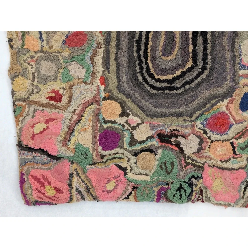 VTG Antique Hand Hooked Rug Wool Crazy Unique Folk Art Handmade Hit Or Miss